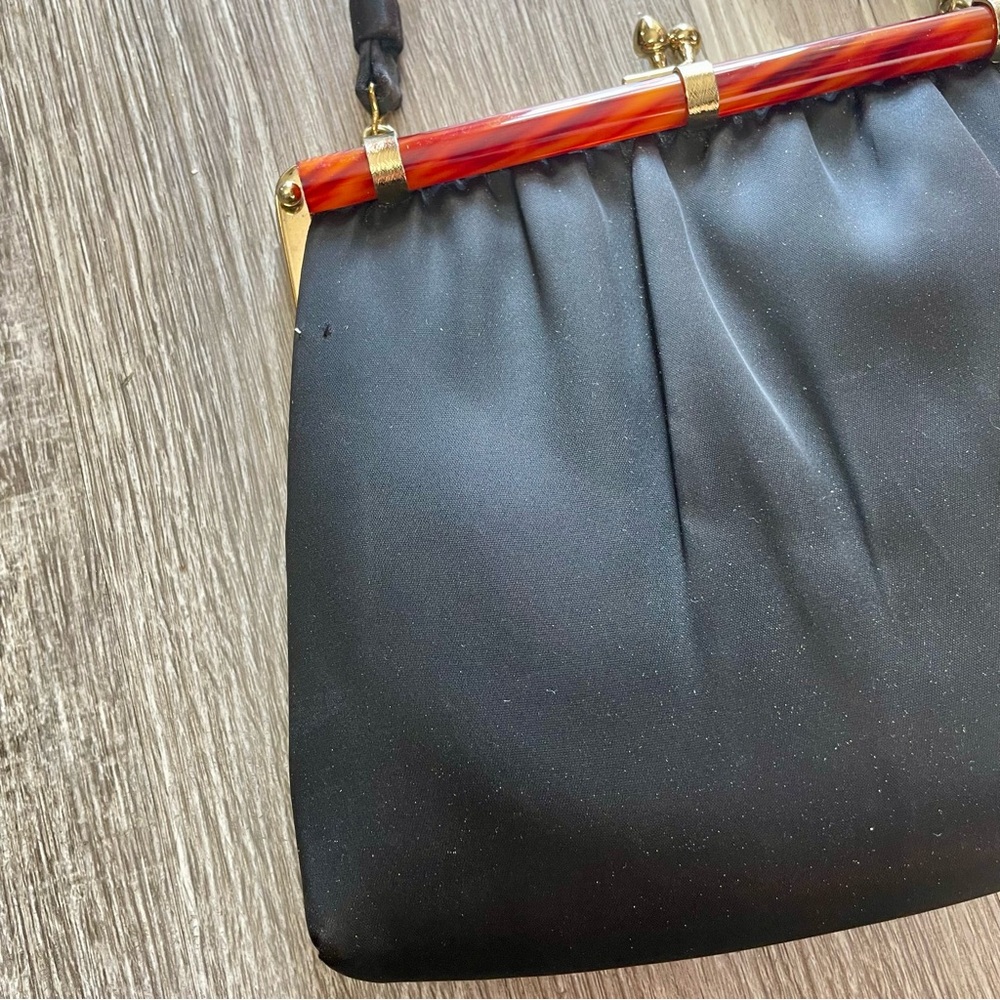Vintage 60s Ande Black Satin Evening Bag + Tortoise Shell Style Clasp Purse - Picture 5 of 16